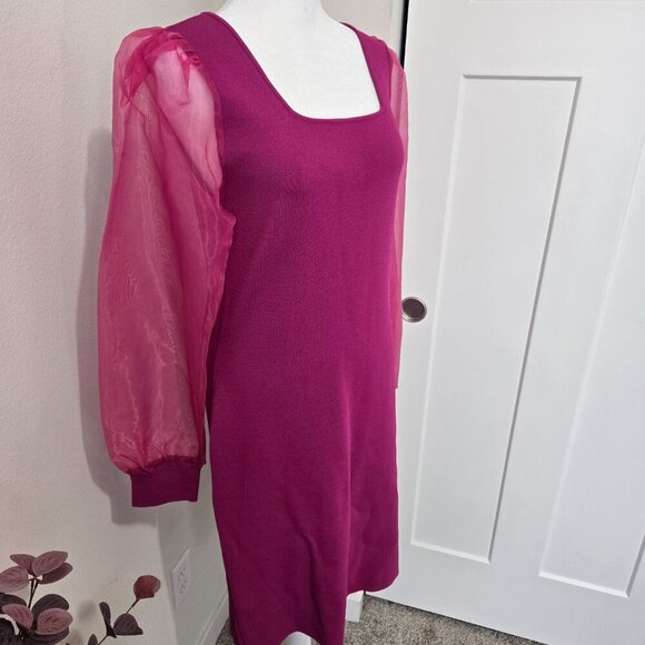 House of Harlow 1960 Fuchsia Bodycon Dress Sheer Sleeves Sz L - Picture 2 of 9